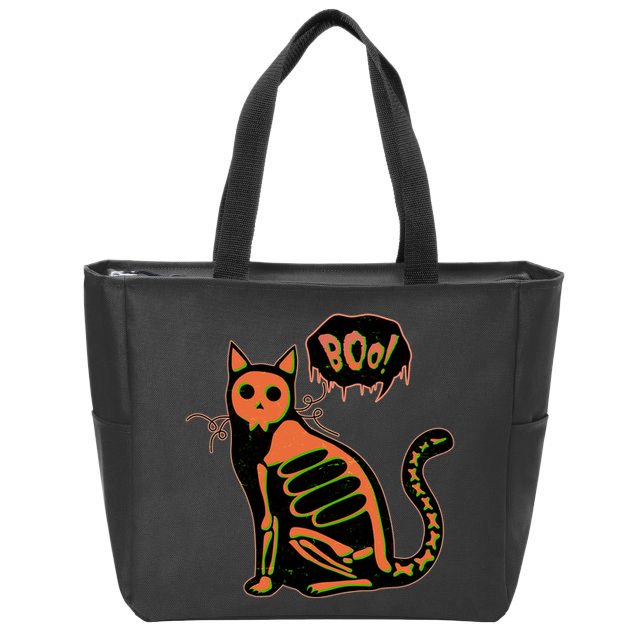 Funny Halloween Skeleton Cat Zip Tote Bag