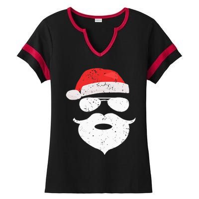 Funny Hipster Santa Beard Sunglasses and Red Hat Christmas Ladies Halftime Notch Neck Tee