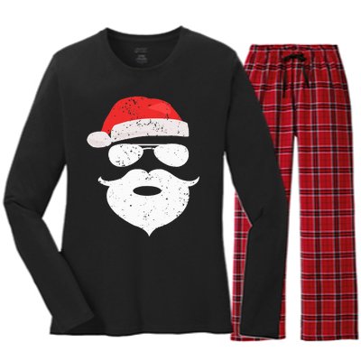 Funny Hipster Santa Beard Sunglasses and Red Hat Christmas Women's Long Sleeve Flannel Pajama Set 