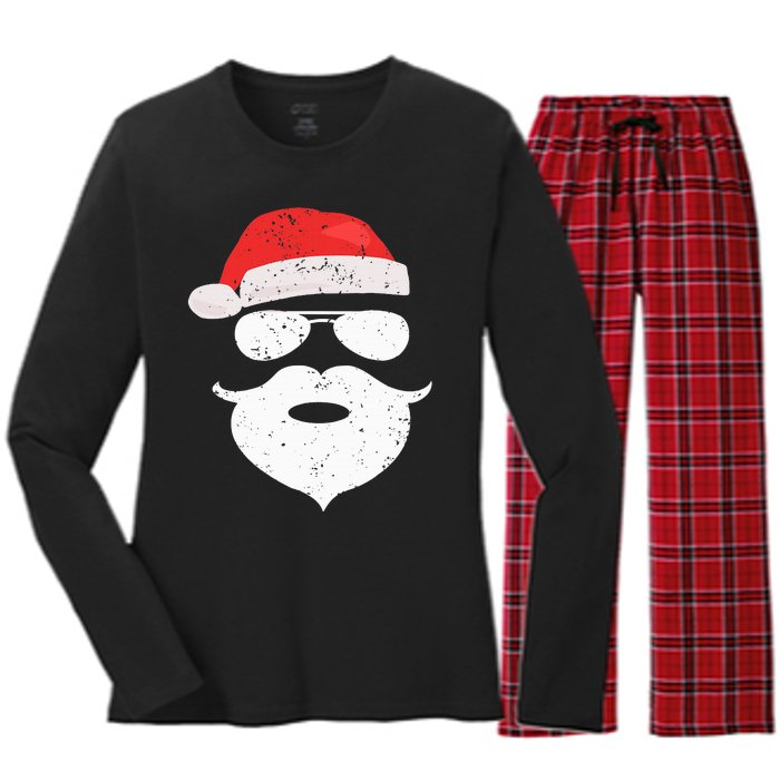 Funny Hipster Santa Beard Sunglasses and Red Hat Christmas Women's Long Sleeve Flannel Pajama Set 