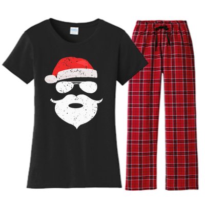 Funny Hipster Santa Beard Sunglasses and Red Hat Christmas Women's Flannel Pajama Set