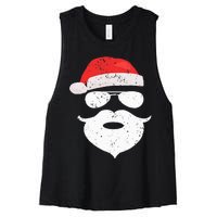 Funny Hipster Santa Beard Sunglasses and Red Hat Christmas Women's Racerback Cropped Tank