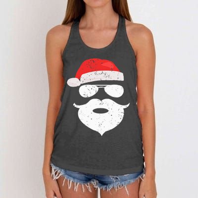 Funny Hipster Santa Beard Sunglasses and Red Hat Christmas Women's Knotted Racerback Tank