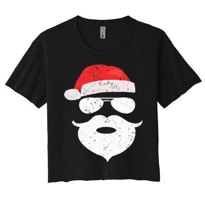 Funny Hipster Santa Beard Sunglasses and Red Hat Christmas Women's Crop Top Tee