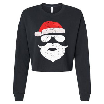 Funny Hipster Santa Beard Sunglasses and Red Hat Christmas Cropped Pullover Crew