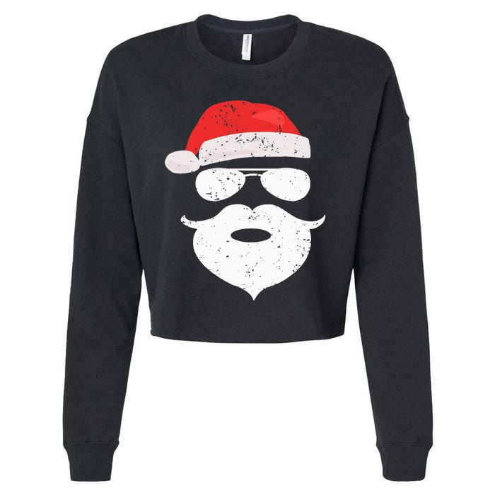 Funny Hipster Santa Beard Sunglasses and Red Hat Christmas Cropped Pullover Crew