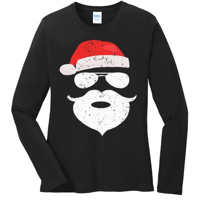 Funny Hipster Santa Beard Sunglasses and Red Hat Christmas Ladies Long Sleeve Shirt