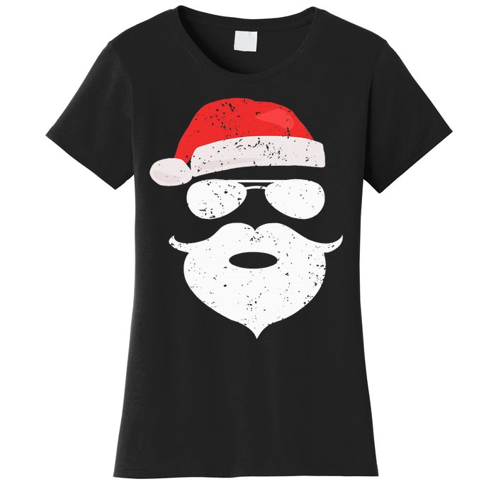 Funny Hipster Santa Beard Sunglasses and Red Hat Christmas Women's T-Shirt