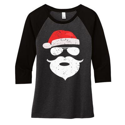 Funny Hipster Santa Beard Sunglasses and Red Hat Christmas Women's Tri-Blend 3/4-Sleeve Raglan Shirt