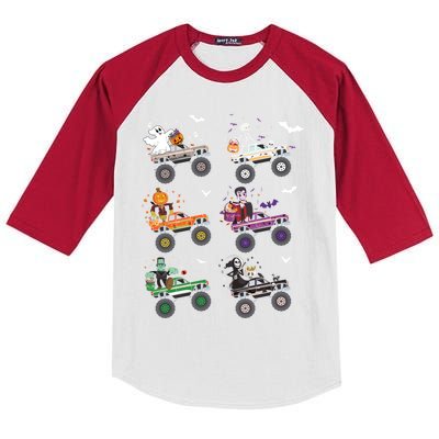 Funny Halloween Skeleton Zombie Riding Monster Truck Vampire Gift Kids Colorblock Raglan Jersey