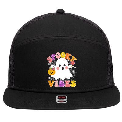 Funny Halloween Spooky Vibes Trick Or Treating Ghost 7 Panel Mesh Trucker Snapback Hat