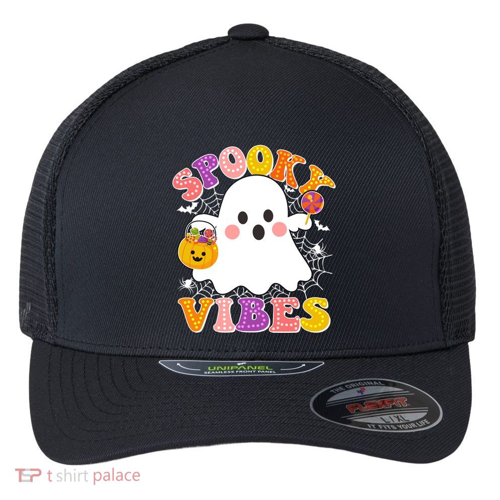 Funny Halloween Spooky Vibes Trick Or Treating Ghost Flexfit Unipanel Trucker Cap