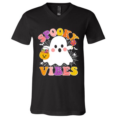Funny Halloween Spooky Vibes Trick Or Treating Ghost V-Neck T-Shirt