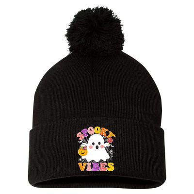 Funny Halloween Spooky Vibes Trick Or Treating Ghost Pom Pom 12in Knit Beanie