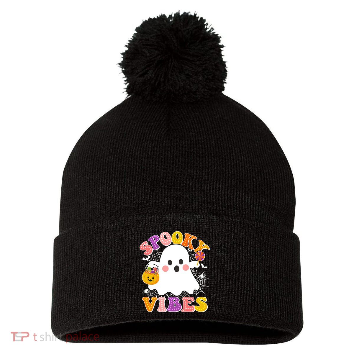 Funny Halloween Spooky Vibes Trick Or Treating Ghost Pom Pom 12in Knit Beanie