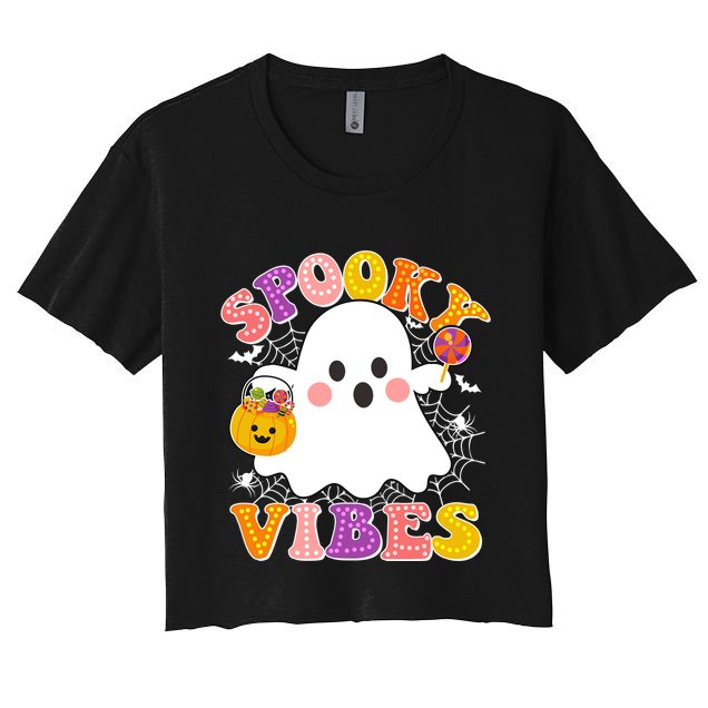Funny Halloween Spooky Vibes Trick Or Treating Ghost Crop Top