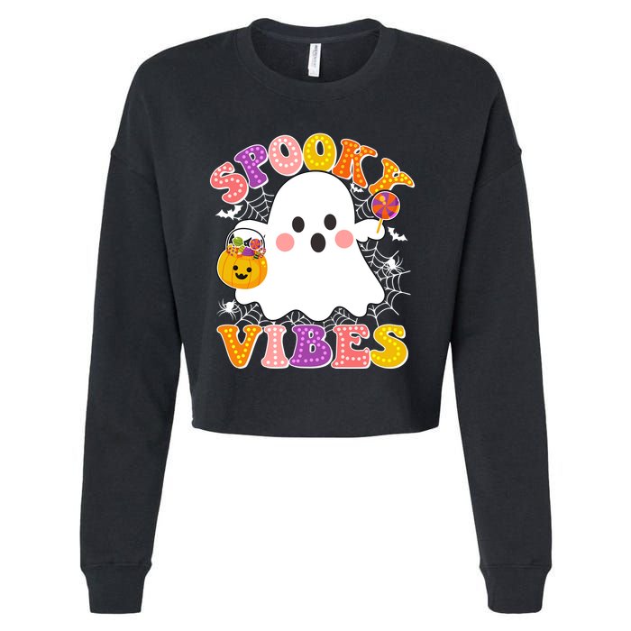 Funny Halloween Spooky Vibes Trick Or Treating Ghost Cropped Pullover Crew