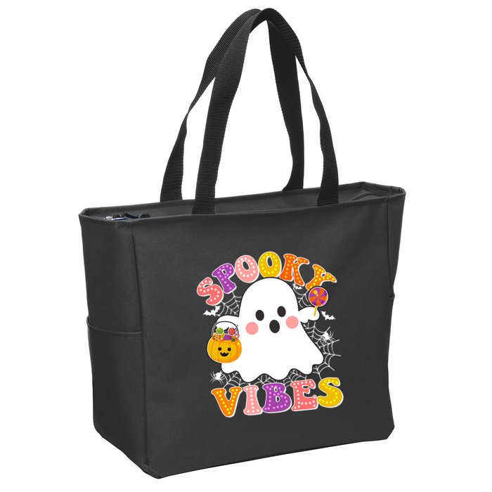 Funny Halloween Spooky Vibes Trick Or Treating Ghost Zip Tote Bag
