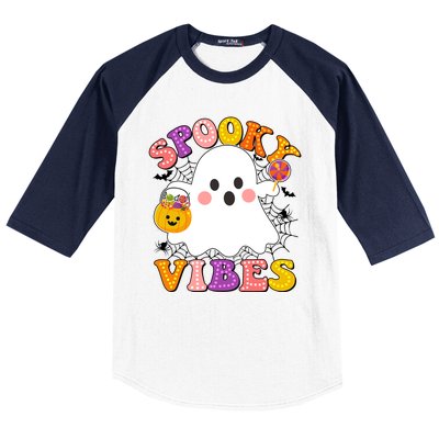 Funny Halloween Spooky Vibes Trick Or Treating Ghost Baseball Sleeve Shirt