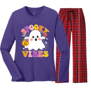 Funny Halloween Spooky Vibes Trick Or Treating Ghost Women's Long Sleeve Flannel Pajama Set 