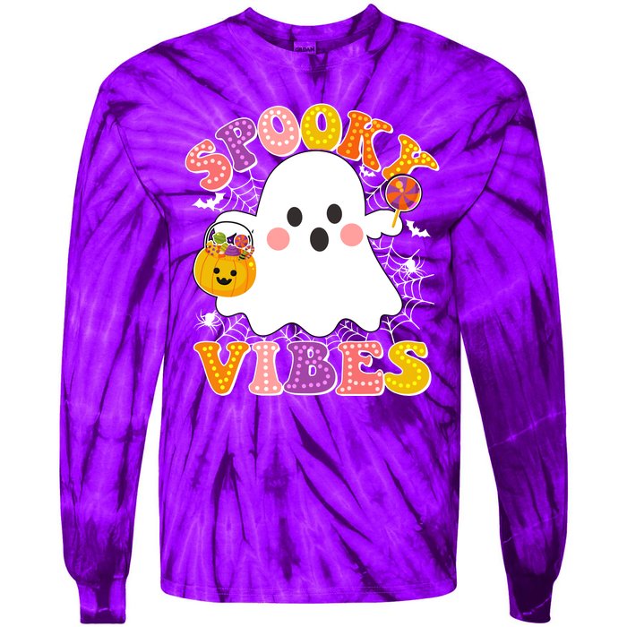 Funny Halloween Spooky Vibes Trick Or Treating Ghost Tie-Dye Long Sleeve Shirt