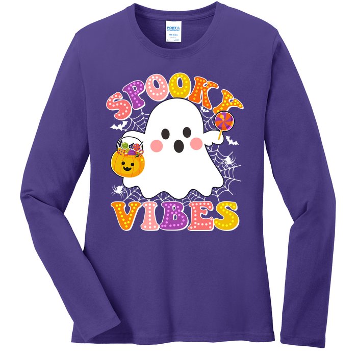 Funny Halloween Spooky Vibes Trick Or Treating Ghost Ladies Long Sleeve Shirt