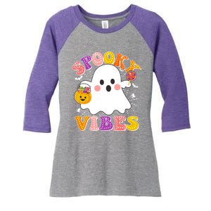 Funny Halloween Spooky Vibes Trick Or Treating Ghost Women's Tri-Blend 3/4-Sleeve Raglan Shirt