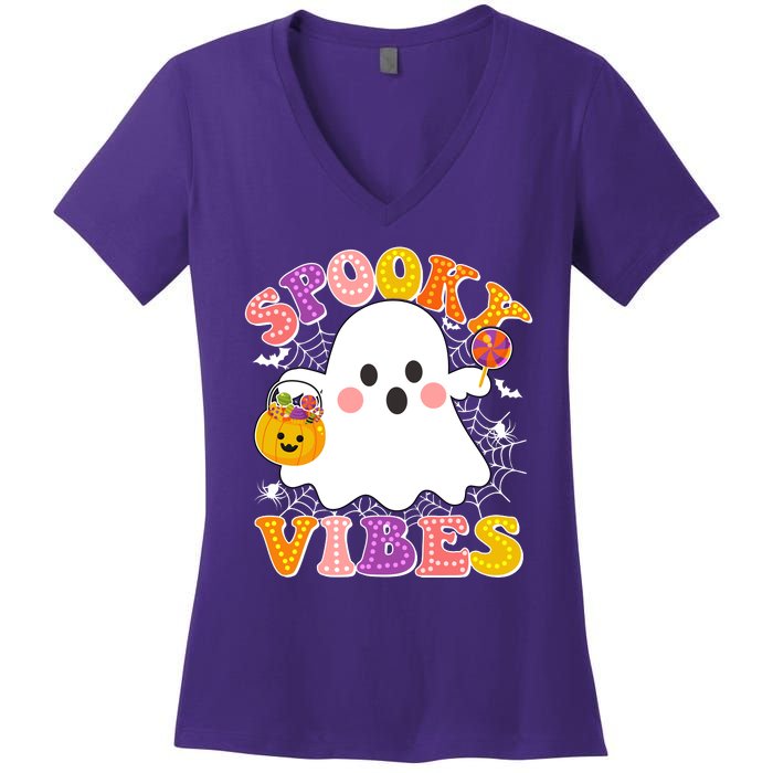 Funny Halloween Spooky Vibes Trick Or Treating Ghost Women's V-Neck T-Shirt