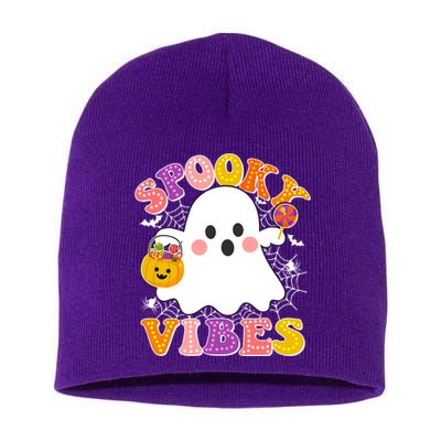 Funny Halloween Spooky Vibes Trick Or Treating Ghost Short Acrylic Beanie