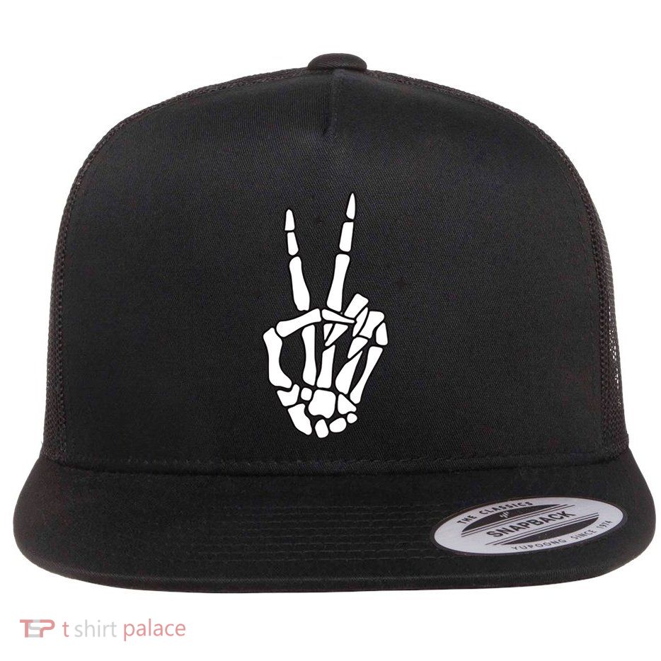 Funny Halloween Skeleton Peace Sign Funny Gift Flatbill Hat