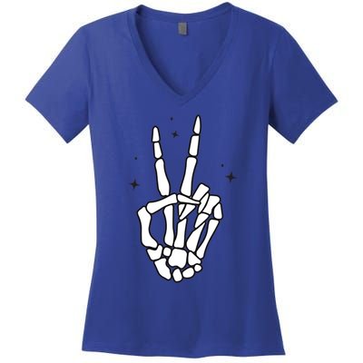 Funny Halloween Skeleton Peace Sign Funny Gift Women's V-Neck T-Shirt