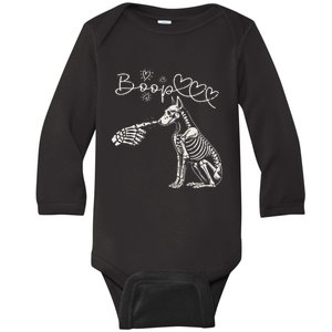 Funny Halloween Skeleton Hand Boop Doberman Pinscher Dog Baby Long Sleeve Bodysuit