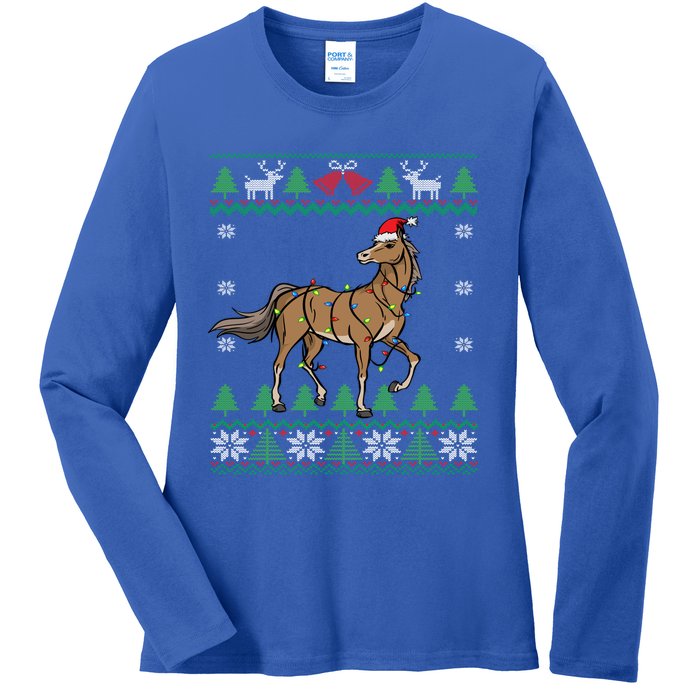 Funny Horse Santa Equestrian Horse Racing Ugly Christmas Gift Ladies Long Sleeve Shirt