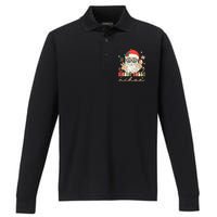 Festive Holly Santa Winter Holiday Sweater Performance Long Sleeve Polo