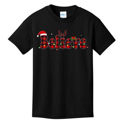 Festive Holiday Santa Hat with Red Plaid and Xmas Lights Kids T-Shirt