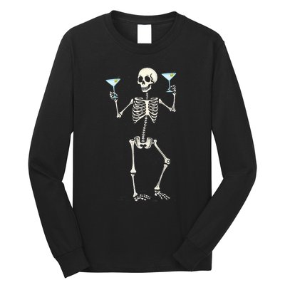 Funny Halloween Skeleton Drinking Martini Cocktail Long Sleeve Shirt