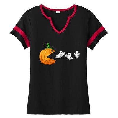 Funny Halloween Scary Pumpkin Ghosts Creepy Halloween Gamer Ladies Halftime Notch Neck Tee