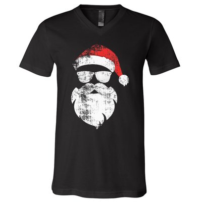 Funny Hipster Santa Face With Hat Beard & Glasses Christmas V-Neck T-Shirt