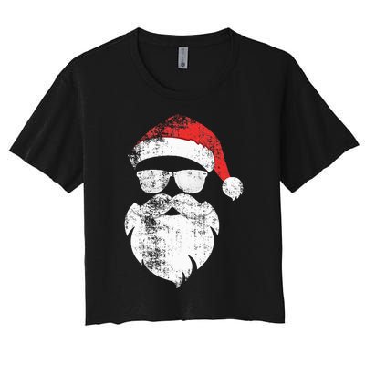 Funny Hipster Santa Face With Hat Beard & Glasses Christmas Women's Crop Top Tee