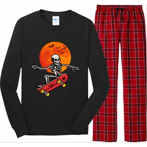 Funny Halloween Skeleton Playing On Skateboard Ghost Gift Long Sleeve Pajama Set