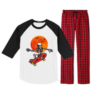 Funny Halloween Skeleton Playing On Skateboard Ghost Gift Raglan Sleeve Pajama Set