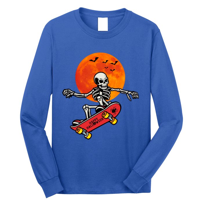 Funny Halloween Skeleton Playing On Skateboard Ghost Gift Long Sleeve Shirt