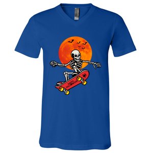 Funny Halloween Skeleton Playing On Skateboard Ghost Gift V-Neck T-Shirt