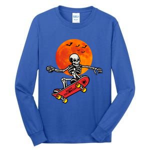 Funny Halloween Skeleton Playing On Skateboard Ghost Gift Tall Long Sleeve T-Shirt