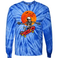 Funny Halloween Skeleton Playing On Skateboard Ghost Gift Tie-Dye Long Sleeve Shirt