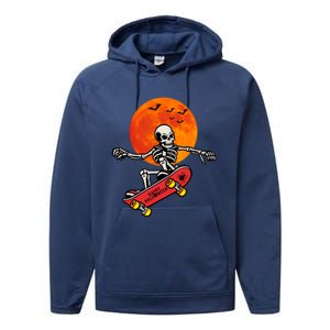 Funny Halloween Skeleton Playing On Skateboard Ghost Gift Performance Fleece Hoodie