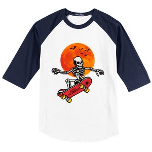 Funny Halloween Skeleton Playing On Skateboard Ghost Gift Baseball Sleeve Shirt