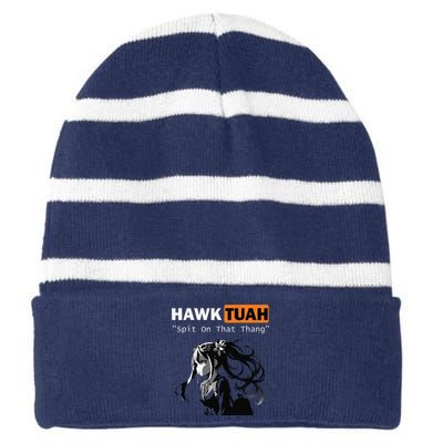 Funny Hawk Tuah Meme Anime Striped Beanie with Solid Band