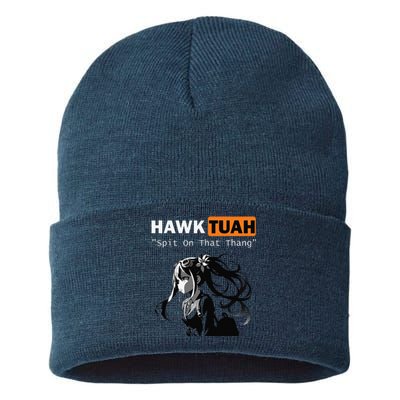 Funny Hawk Tuah Meme Anime Sustainable Knit Beanie