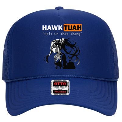 Funny Hawk Tuah Meme Anime High Crown Mesh Back Trucker Hat